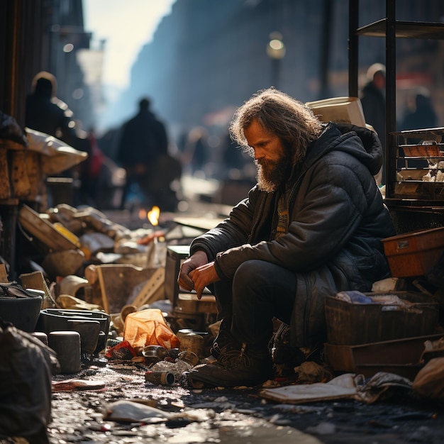 Mężczyzna gotuje na zatłoczonej ulicy z ogniem w dłoni.