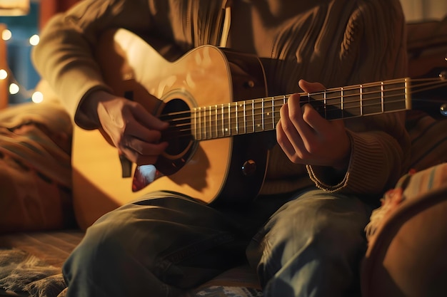 Mężczyzna gra na gitarze akustycznej na przytulnej kanapie, zagubiony w muzyce, z miękkim światłem oświetlającym jego twarz.