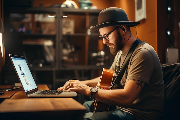 Mężczyzna gra na gitarze na laptopie