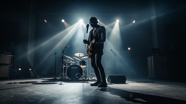 Mężczyzna gra na gitarze na scenie z reflektorem w tle