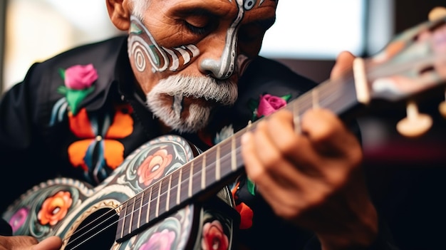 Mężczyzna gra na gitarze w Day of the Dead Mexico Generative AI