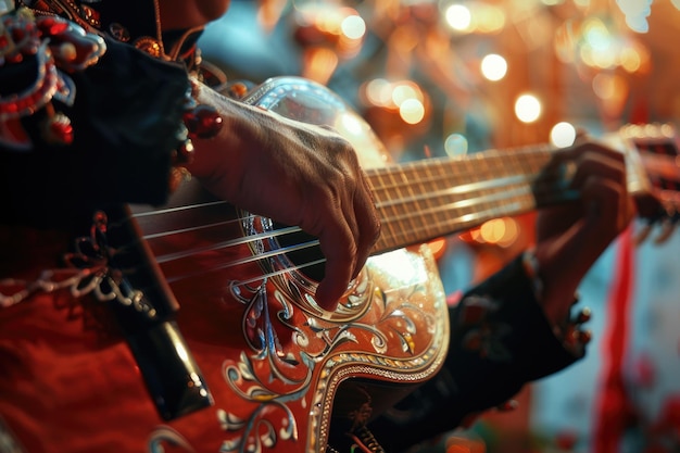 Mężczyzna gra na gitarze z pięknym wzorem na niej Obraz ma ciepły i przyjemny nastrój, gdy palce mężczyzny umiejętnie poruszają się po strunach