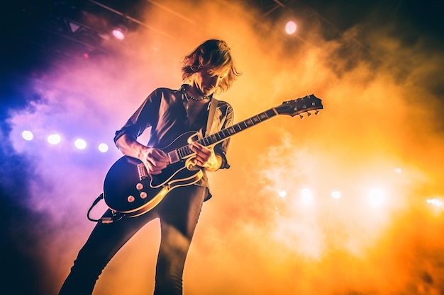 Mężczyzna grający na gitarze na scenie z zadymionym tłem.