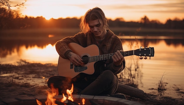 Mężczyzna grający na gitarze przy ognisku