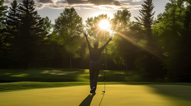 Mężczyzna grający w golfa świętuje holeinone na bujnym zielonym polu