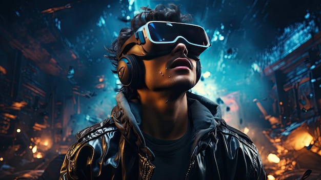Mężczyzna grający w grę komputerową w okularach wirtualnej rzeczywistości
