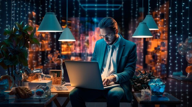 mężczyzna grający w gry online z komputerem w świetle neonu w domu Generatywna sztuczna inteligencja