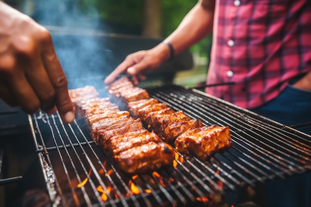 Zdjęcie mężczyzna grillujący żebra tempeh na grillu