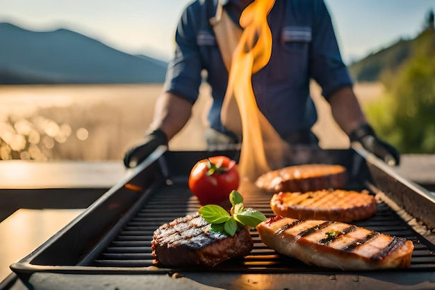 mężczyzna grilluje burgera na grillu z pomidorem na grillu.