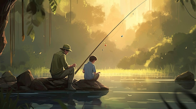 Mężczyzna i chłopiec łowiący ryby w łodzi