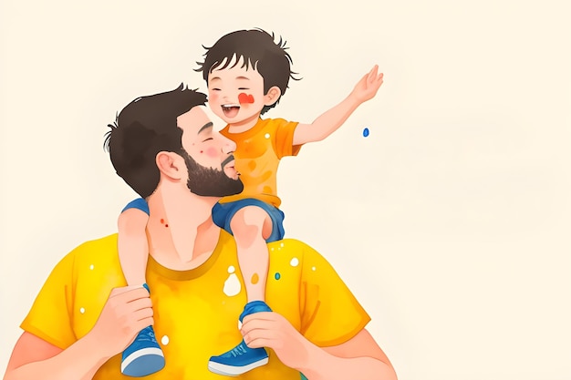Mężczyzna i chłopiec siedzą na ramionach ojca, jeden z nich ma na sobie żółtą koszulę
