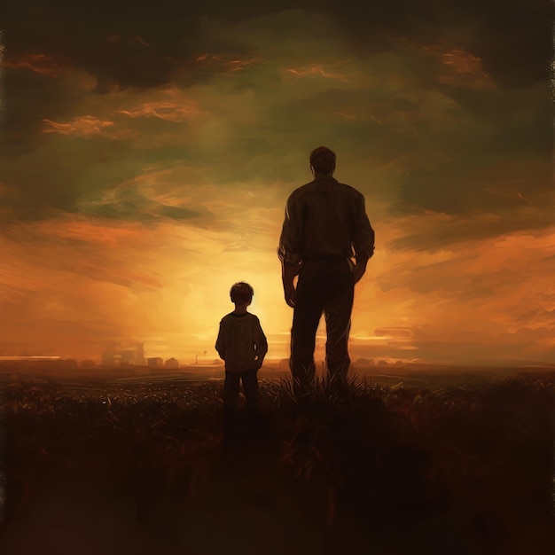 Mężczyzna i chłopiec stoją na polu patrząc na zachód słońca.