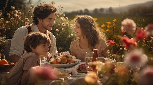 Mężczyzna i dwie małe dziewczynki siedzące w kwiatowym polu Wielkanoc