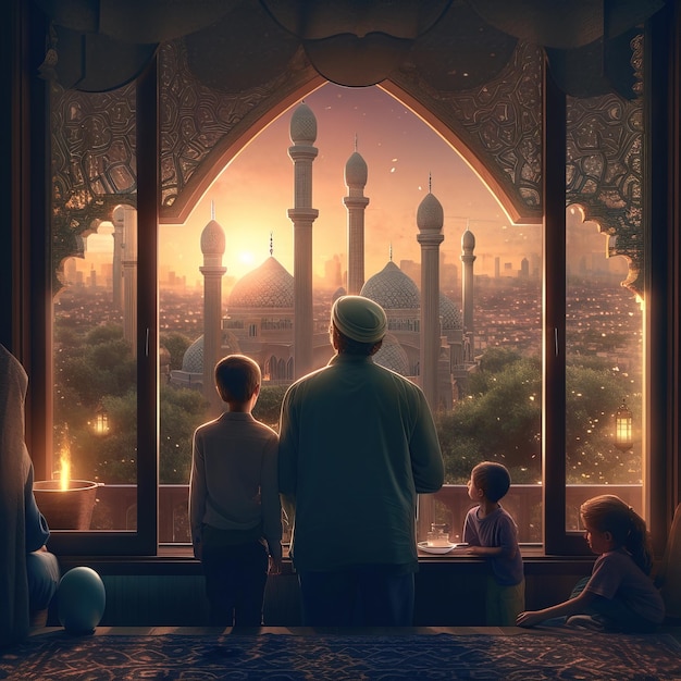 Mężczyzna i dwoje dzieci wyglądają przez okno na meczet.