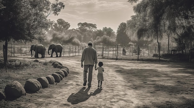 Mężczyzna i dziecko idą polną drogą ze słoniami w tle.
