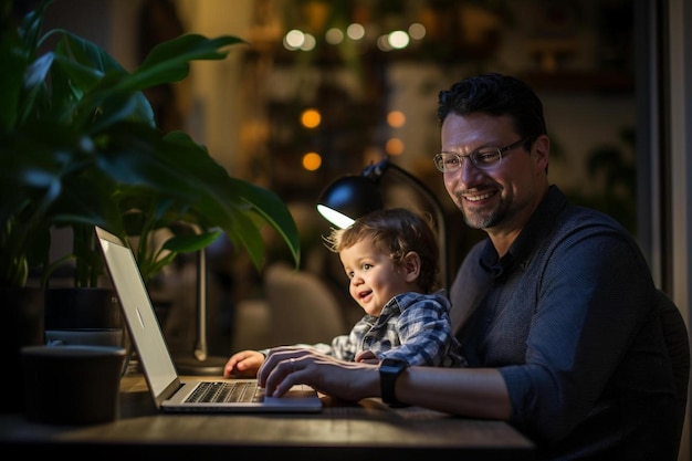 mężczyzna i dziecko korzystają z laptopa z rośliną w tle.