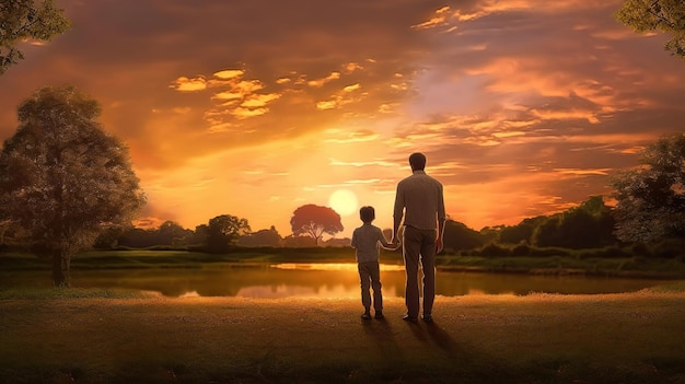 Mężczyzna i dziecko patrzą na zachód słońca.