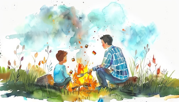 Mężczyzna i dziecko siedzą przy ogniu w lesie.