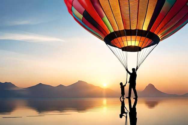 Mężczyzna i dziecko trzymają balon na ogrzane powietrze nad jeziorem Stworzony za pomocą generatywnej technologii Ai