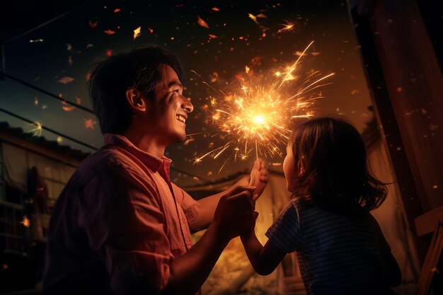 Mężczyzna i dziecko trzymający się za ręce i pokaz fajerwerków