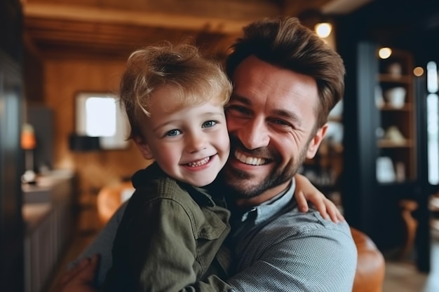 Mężczyzna i dziecko uśmiechają się i przytulają