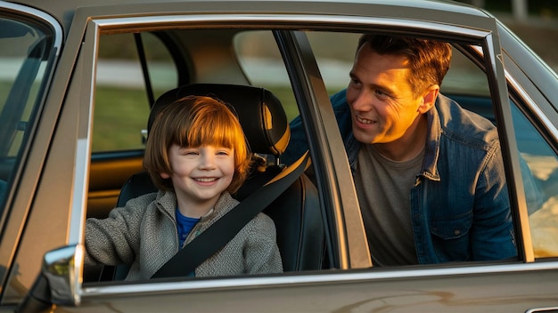 Zdjęcie mężczyzna i dziecko w samochodzie z kamerą w oknie