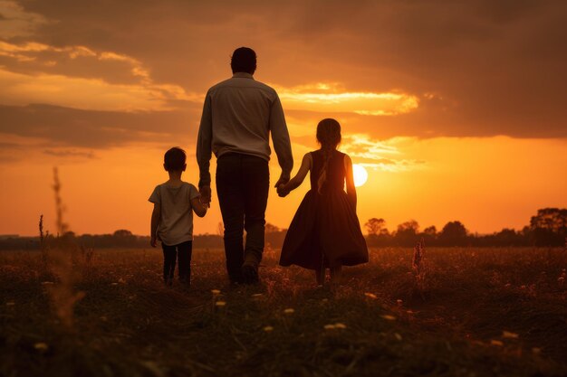 Mężczyzna i jego dwoje dzieci spacerują po polu podczas zachodu słońca Stado słoni spacerujące po suchym polu trawiastym przy zachodzie słońca z zachodzeniem słońca w tle