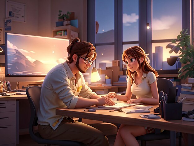 Mężczyzna i jego dziewczyna siedzą przy biurku przed komputerem starszy artysta środowiskowy