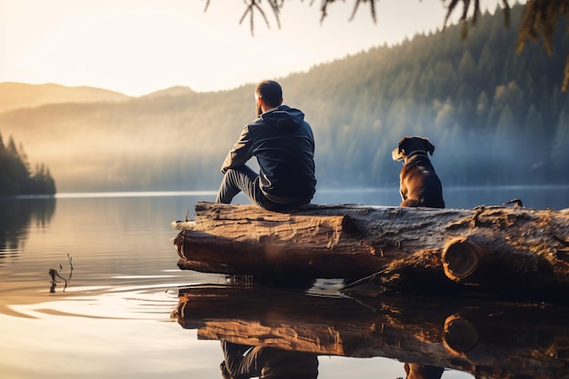 Mężczyzna i jego pies na brzegu jeziora patrzą na spokojny zachód słońca spokojny i spokojny