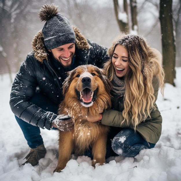 Mężczyzna i kobieta bawią się z psem na śniegu.