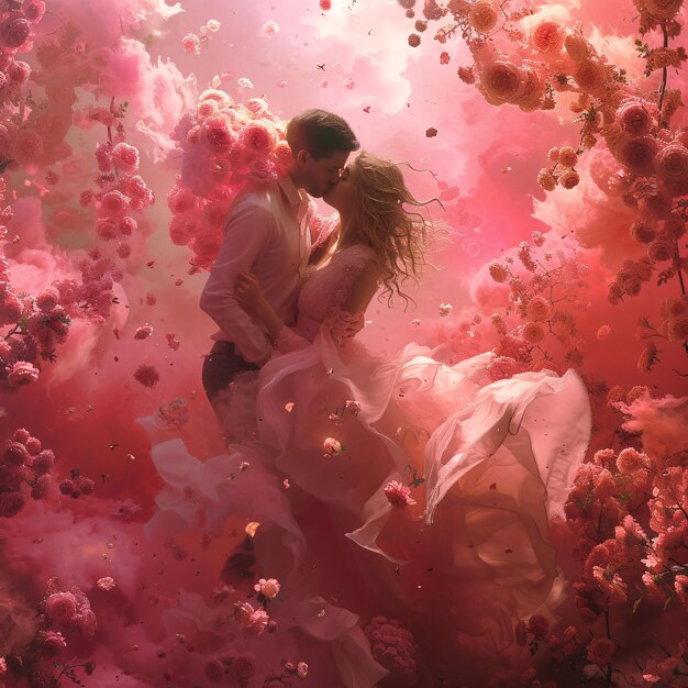 Mężczyzna i kobieta całują się na polu kwiatów