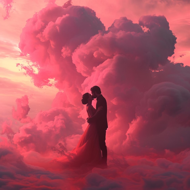 Zdjęcie mężczyzna i kobieta całują się w chmurach