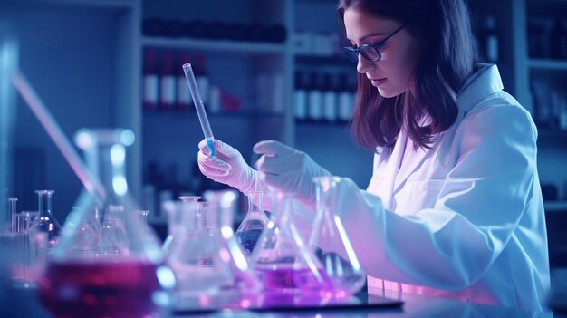 Mężczyzna i kobieta chemik badania różowy płyn w laboratorium chemicznym tło zbliżenie farmaceutyczne