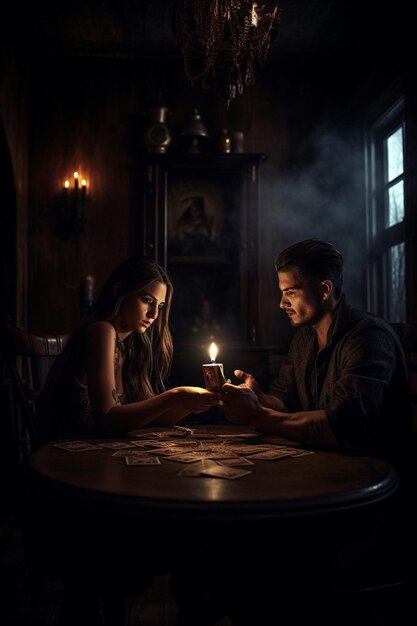 Mężczyzna i kobieta grają w karty w ciemnym pokoju ze świecą w środku.