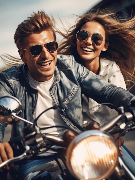 Zdjęcie mężczyzna i kobieta jeżdżą na motocyklu, obaj noszą okulary przeciwsłoneczne.