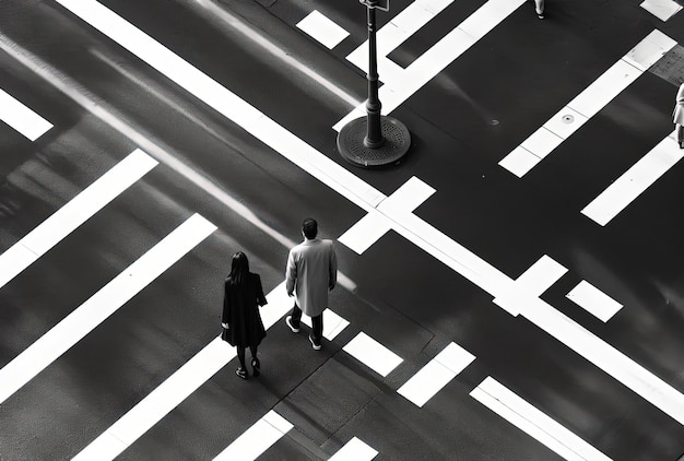 Mężczyzna i kobieta na skrzyżowaniu ulicy są w ruchu w stylu japońskiego minimalizmu