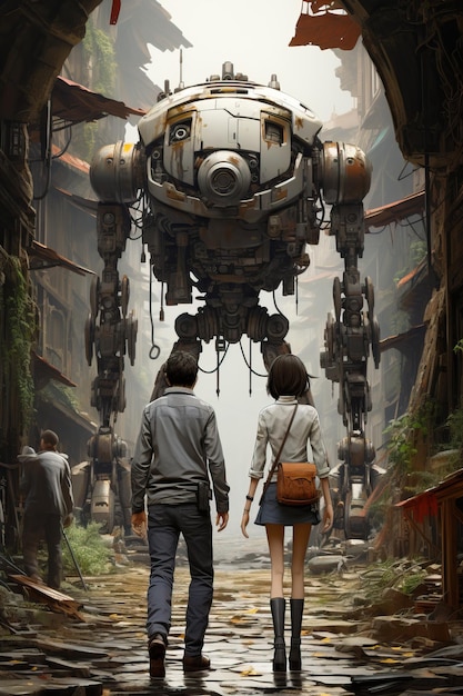 Zdjęcie mężczyzna i kobieta patrzą na gigantycznego robota