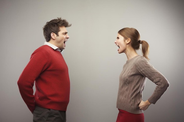 Zdjęcie mężczyzna i kobieta rozmawiają ze sobą, a kobieta ma na sobie czerwony sweter.