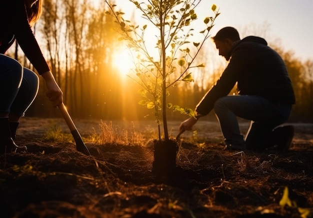 Zdjęcie mężczyzna i kobieta sadzą drzewa o zachodzie słońca para kopie dziurę w ziemi pod przyszłą młodą roślinę generacyjna sztuczna inteligencja