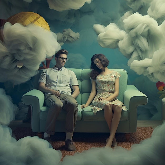 Mężczyzna i kobieta siedzą na kanapie z chmurami w tle.