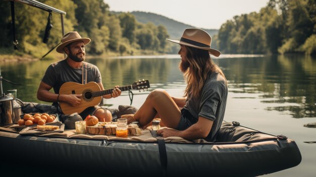 Mężczyzna i kobieta siedzą na łodzi i razem grają na gitarze.