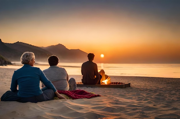mężczyzna i kobieta siedzą na plaży i oglądają zachód słońca.