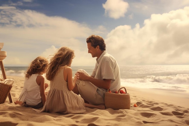 Mężczyzna i kobieta siedzą na plaży i patrzą na ocean.