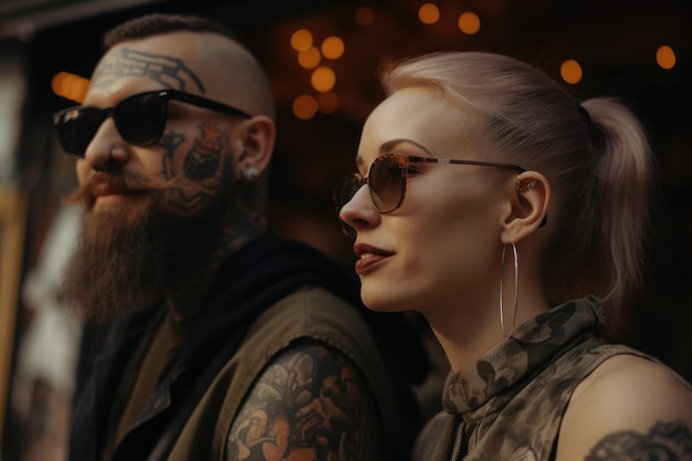 Mężczyzna i kobieta siedzą obok siebie, mają na sobie okulary przeciwsłoneczne i tatuaż na ramieniu.