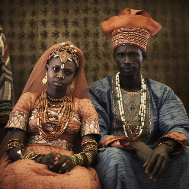 Mężczyzna i kobieta siedzą obok siebie, ubrani w tradycyjne stroje.