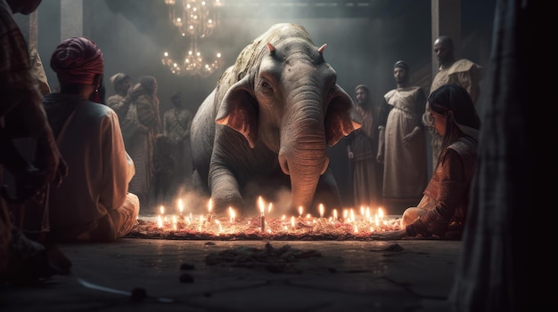 Zdjęcie mężczyzna i kobieta siedzą przed zapaloną świecą ze słoniem.