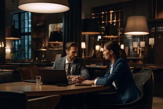 Mężczyzna i kobieta siedzą przy stole w restauracji, jeden z nich patrzy na laptop.