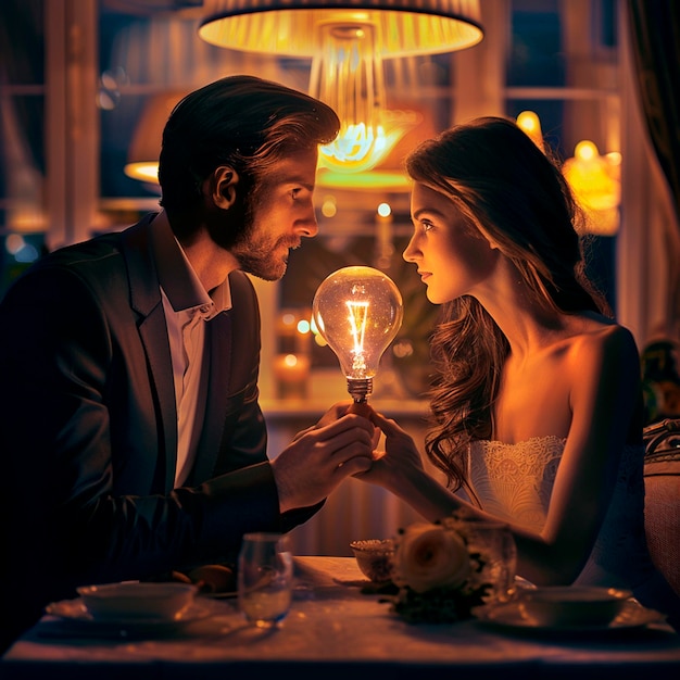Mężczyzna i kobieta siedzą przy stole z żarówką w tle