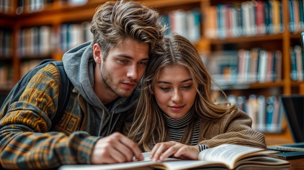 Mężczyzna i kobieta siedzą razem w bibliotece i patrzą na książkę.