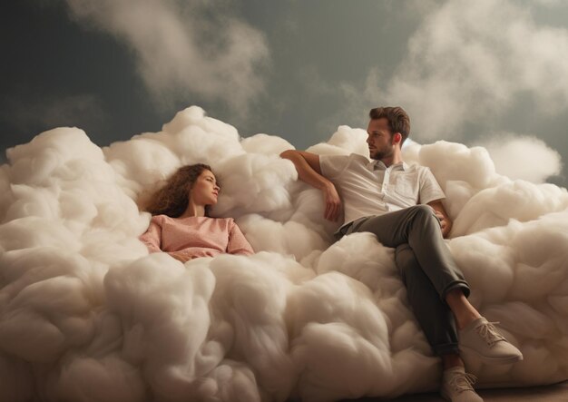 Zdjęcie mężczyzna i kobieta siedzą w chmurze bawełny.